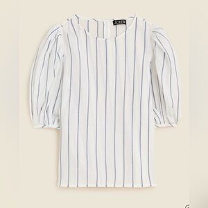 J. Crew White Top with Navy Vertical Stripes and Puff Sleeves NWT